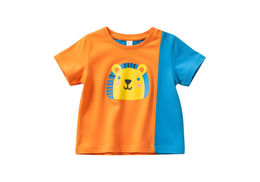 Cheerful orange and blue tshirt featuring a cute bear design, perfect for a stylish and playful look for kids isolated on transparent background