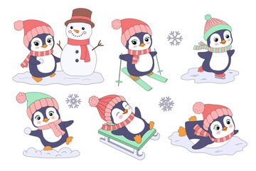 Penguin character vector illustration set. Activity in winter. Collection of cartoon animals, cute penguin. Go skating, skiing, sledding. Make a snowman