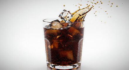 Refreshing cola with ice splash isolated on clean white background.