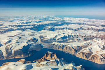 Aerial view of snowy fjords on Baffin Island, Nunavut, Canada