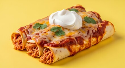 Three flavorful enchiladas, topped with a creamy sauce and melted cheese, sit atop a vibrant yellow surface.