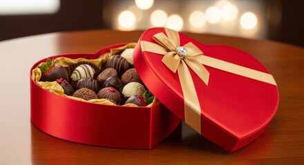 A heart-shaped gift box brimming with assorted chocolates sits on a wooden table, ideal for a romantic gift.