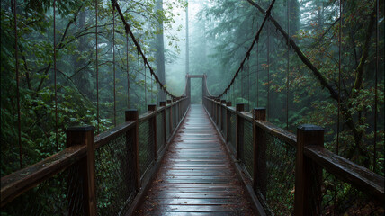 Fototapeta premium 早朝の霧に包まれた静かな吊り橋