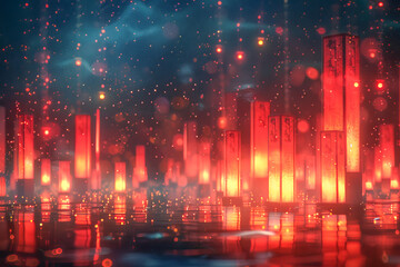 Fototapeta premium Red lanterns floating on water at night creating a magical atmosphere