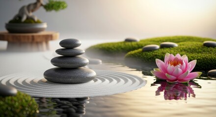 Tranquil zen garden scene with stacked stones, a lotus flower, and flowing water, showcasing a serene and peaceful atmosphere.