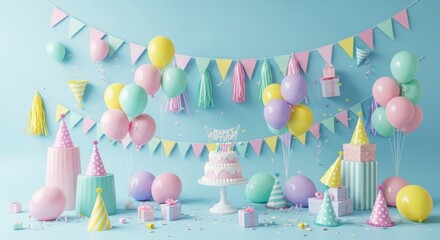 Pastel-toned birthday party decorations, featuring balloons, gift boxes, and party hats, create a cheerful and whimsical scene against a light blue backdrop.
