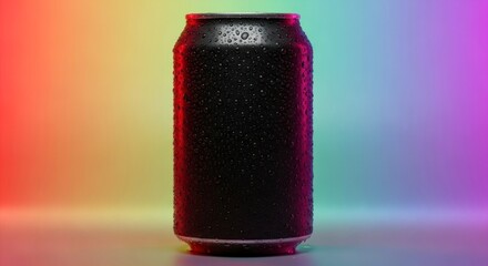 A sleek black soda can, covered in condensation, is highlighted against a vibrant spectrum of colors.