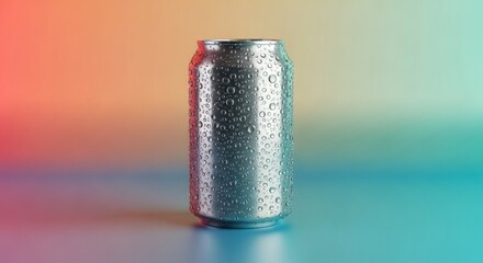 A metallic beverage can, covered in condensation, is presented against a gradient background of soft colors.