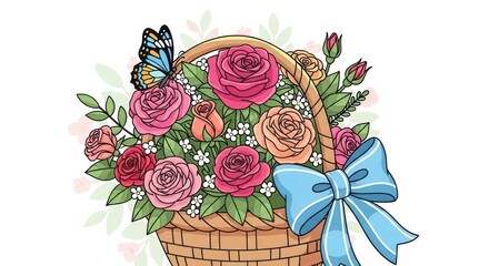 A colorful wicker basket overflowing with vibrant roses, adorned with a light blue ribbon and a butterfly, creates a cheerful and lovely spring image.