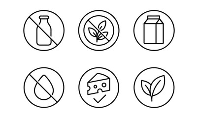 Fototapeta premium Lactose free icon set with milk bottle, leaf, cheese for packaging design and labeling