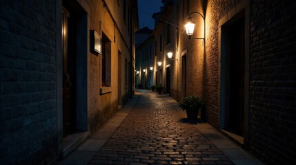 Naklejka premium Nighttime ambiance of a dimly lit cobblestone lane, featuring aged brick buildings with warm-toned lighting emanating from traditional wall-mounted lamps casting a gentle glow on the pathway