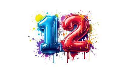 Festive Number Twelve Colorful Balloon Design with Paint Splatter Background