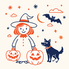Cartoon halloween illustration with pumpkin, witch, cat, and bat design