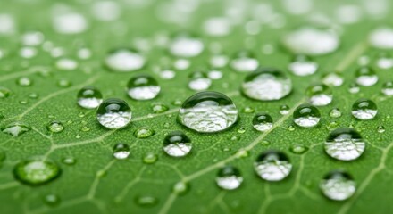 Delicate water droplets cling to a vibrant green leaf, showcasing a close-up view of nature's intricate texture.