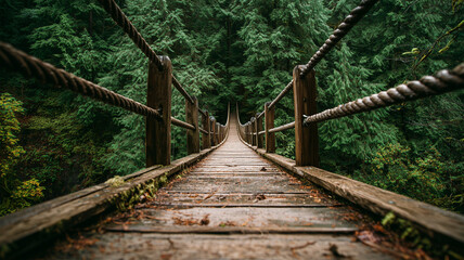 Obraz premium 深い森の吊り橋を正面構図で丁寧に撮影