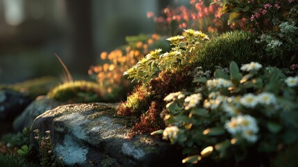 Sunlit floral arrangement on rocks, a peaceful natural garden view
