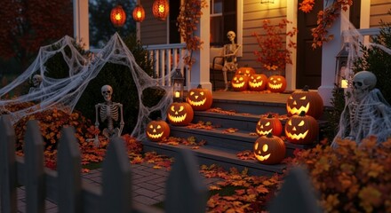 Illuminated jack-o'-lanterns and decorative skeletons adorn a porch at night, creating a spooky yet charming Halloween display.