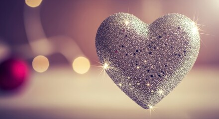A shimmering silver heart ornament, suspended against a soft backdrop of bokeh lights, evokes a warm and romantic mood.