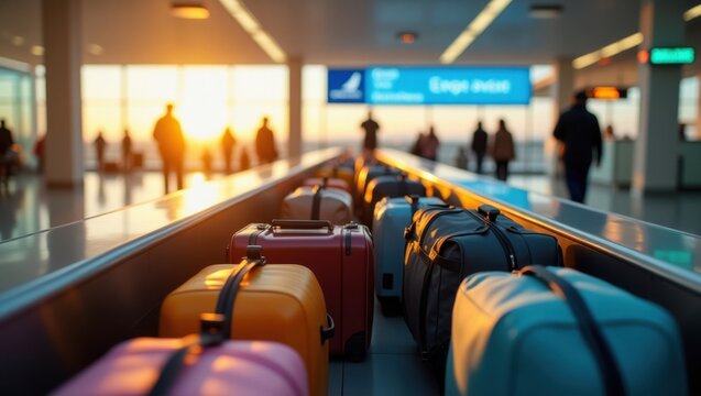 Cinta transportadora en una moderna terminal de aeropuerto que transporta una diversa variedad de equipaje colorido