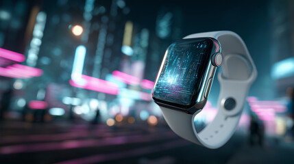 Futuristic smartwatch with holographic interface hovering in front of blurred neon cityscape