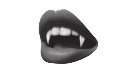 Vampire mouth in halftone style. Dot effect gothic open lips with sharp fangs.
