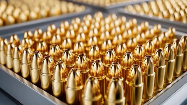 Golden Cartridges Display: A striking display of pristine, gleaming golden cartridges is arranged in neat rows within trays.