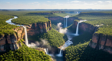 Chapada Diamantina aerial view with waterfalls, canyons, and lush vegetation