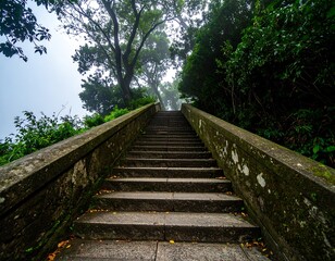 Stone steps ascend through misty forest