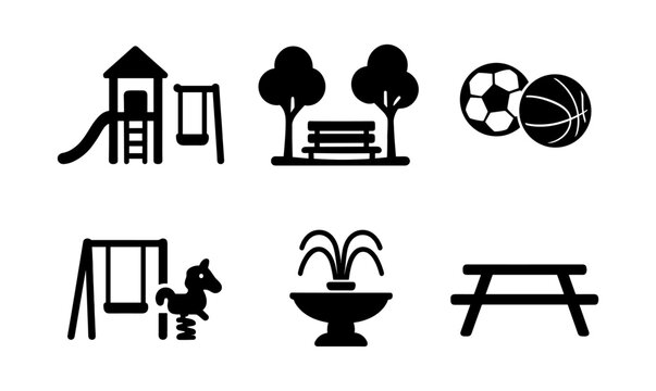 City park icon set featuring playground, trees, sporting equipment, and picnic areas for design use