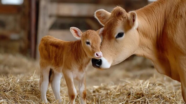 Tender Moments: A tender moment captures a mother cow lovingly nuzzling her calf in a rustic barn setting. It is a warm portrayal of parental love.