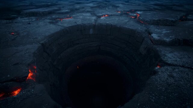 Volcanic crater maw with spiraling descent and streaming lava