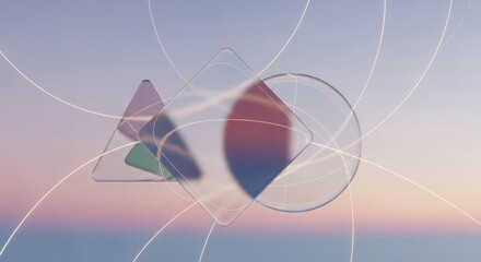 Abstract geometric shapes reflecting light against a soft gradient sky