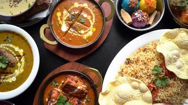Variety of Indian foods including kebabs, naan bread, dal makhani, and butter chicken with rice, papadums, and sweets. Colorful presentation on tablecloth