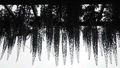 Overhead View of Dense Hanging Vines with Sunlit Sky Background in Black and White