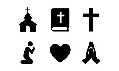 Obraz premium Faith icons collection featuring church, bible, cross, praying figure, heart, and hands for spiritual design projects