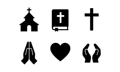 Fototapeta premium Faith icon collection featuring church, cross, and praying hands for religious design projects