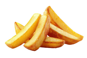 Golden crispy potato wedges against black background, cut out