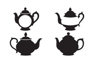 Four black silhouettes of vintage teapots on a white background