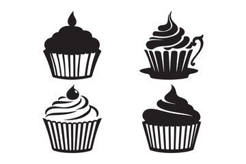 Four stylized black and white cupcake illustrations