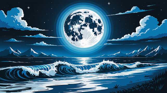 Captivating Moonlit Seascape with High-Contrast Blues and Whites, Illuminating Powerful Ocean Waves Crashing onto a Tranquil Beach Beneath a Vast, Star-Dotted Night Sky - Powered by Adobe