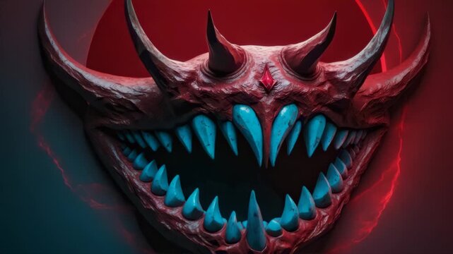 Monstrous maw with cyan teeth under crimson light and pulsing background