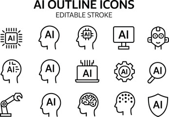 AI outline icons set – artificial intelligence, brain, chip, robot, neural network, editable stroke vector illustrations