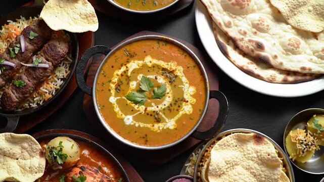 Variety of Indian foods including kebabs, naan bread, dal makhani, and butter chicken with rice, papadums, and sweets. Colorful presentation on tablecloth