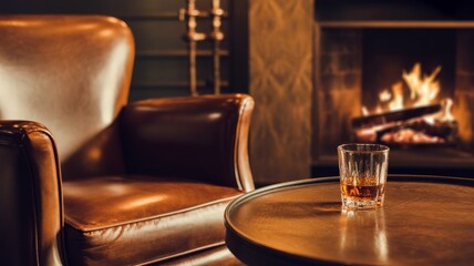 Cozy evening scene with glowing fireplace, polished wood table, and amber drink — ideal for seasonal posters, editorial use, and digital backgrounds