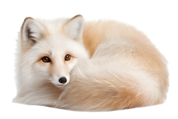 Fototapeta premium fluffy fox resting curled up peacefully isolated on white background