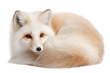 fluffy fox resting curled up peacefully isolated on white background