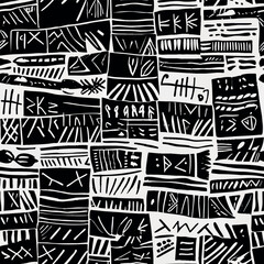 Complex abstract African mud cloth inspired vector pattern featuring tribal and geometric motifs in black and white.