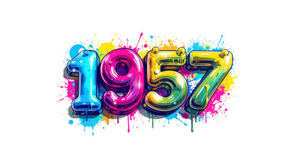 Vibrant 1957 Retro Year Design with Colorful Balloon Numbers and Paint Splatter