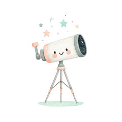 Cute Cartoon Telescope Watercolor Stars Illustration.