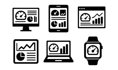 Data analytics icons set for digital tools and devices
